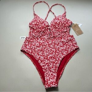 Berlook Medium Red Floral Plunge One Piece Swimsuit New